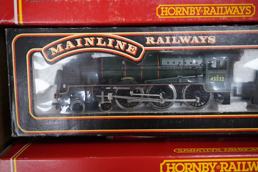 Six boxed 00 gauge railway locomotives by Hornby Railways, etc. including; a BR Class B17/4 (R.133), a BR Coronation Class, a BR Class A4 (R.350), an LNER Class B12/3 (R.150), a BR Class 9F (R.550) and a BR Patriot Class